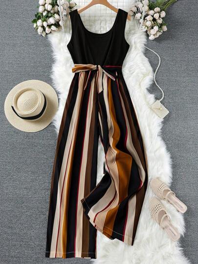 SHEIN LUNE Plus Size Striped Print Belted Sleeveless Jumpsuit, Summer 4th Of July White Graduation