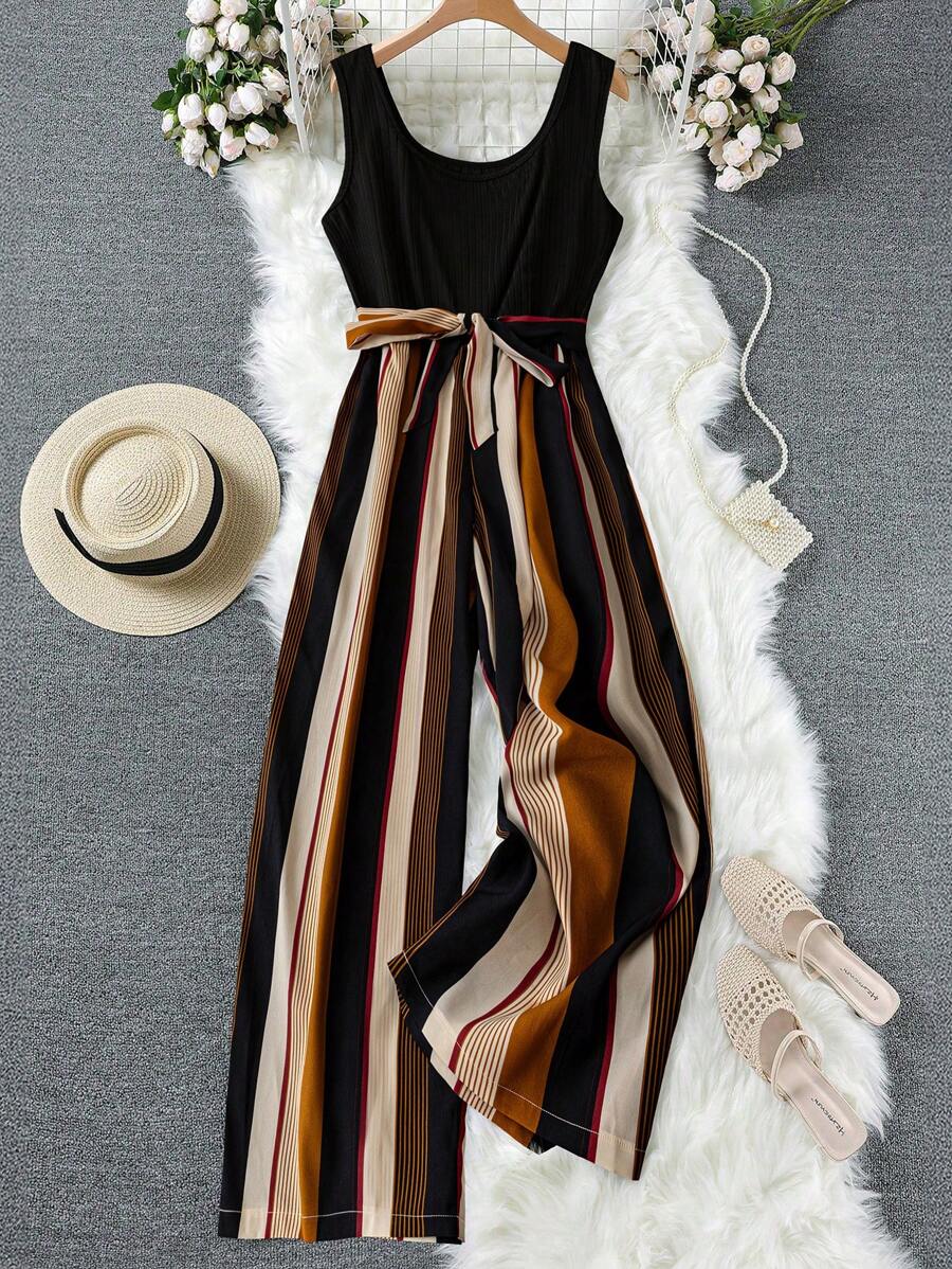 SHEIN LUNE 加大码条纹印花束带无袖连体裤，夏季 7 月 4 日白色毕业