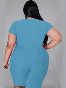 Maweii Bộ 2 áo thun tay ngắn cổ tròn màu trơn đơn giản mùa hè cỡ lớn và quần short - Màu xanh bạc hà - Xem 2