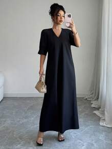 SHEIN Clasi Black Long Dress, Elegant & Graceful Design, Short Sleeve, Casual & Comfortable