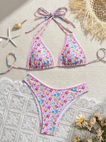 Swim Mod Women's Summer Beach New Random Print Tankini 2 Pieces Swimwear Bikini With Floral Print Trim