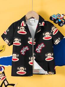 Paul Frank X SHEIN Young Boy Black Cartoon Cool & Casual Short Sleeve Button Up Shirt - Black - View 1