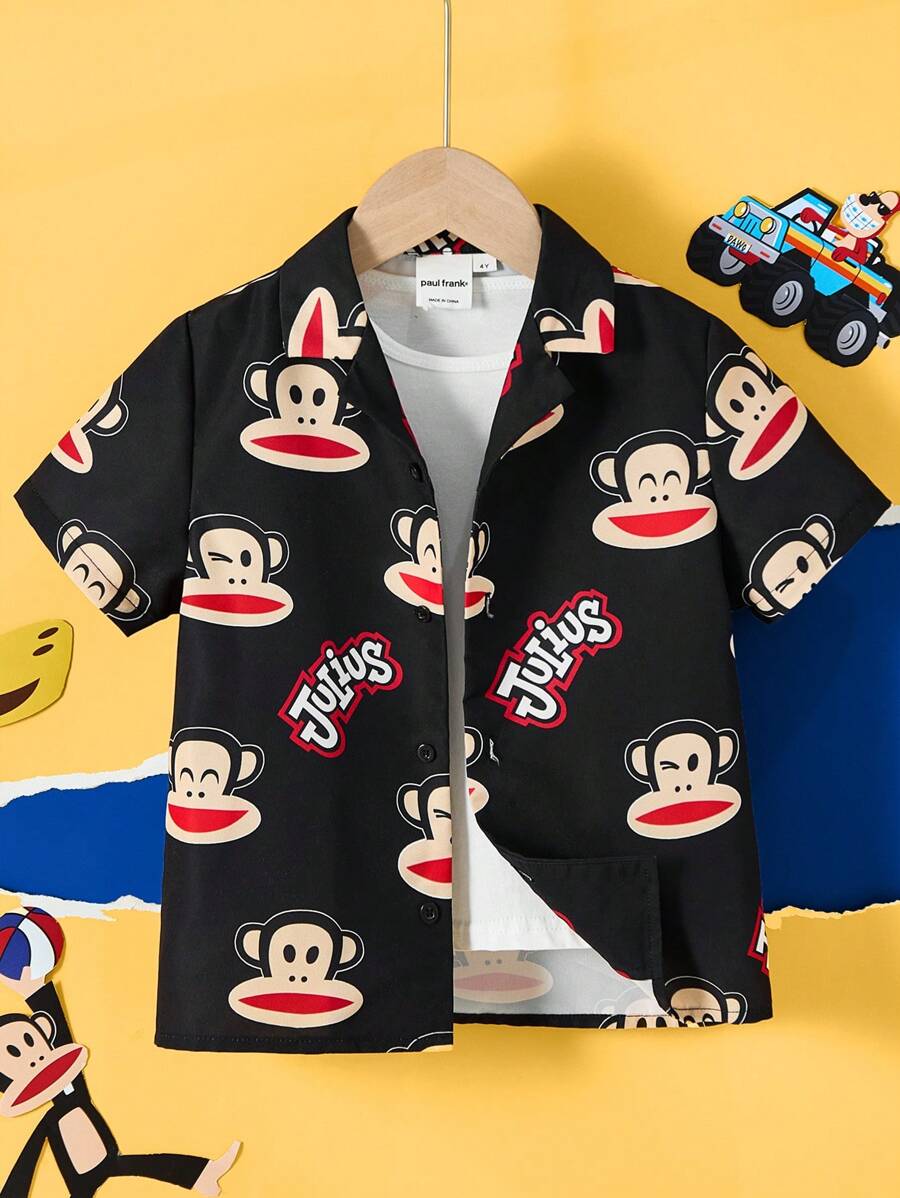 Paul Frank X SHEIN Young Boy Black Cartoon Cool & Casual Short Sleeve Button Up Shirt - Black - View 1