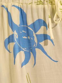 MUSERA 亚麻印花直筒裤，夏季度假波西米亚风，伊比沙岛风情，优雅海滩风，可爱迷人。海滩小屋假日休闲装。 - 黃色 - 查看 6