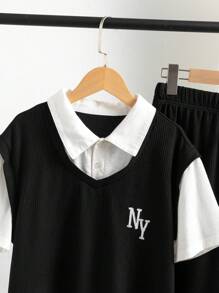 2pcs/Set Teen Boy Classic Black & White Color Teens Boys 2 In 1 White Shirt Vest Tee + Elastic Waist Casual Pants Outfit