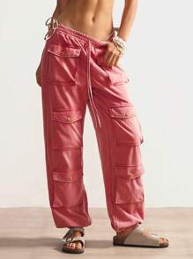 Bohemela Pantalones largos de mujer con bolsillos de punto de unicolor, decorados con cordón en el bajo, informales para el Día de la Independencia, Graduación - Rojo - Ver 2