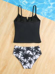 SHEIN 女童细肩带分体泳衣套装，适合夏季海滩度假 - 黑色 - 查看 2