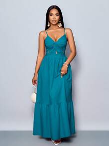 SOLERSUN 女士浪漫橙色海滩度假 V 领褶皱露背 A 字形吊带长裙，适合春夏夏威夷 - 水鴨藍 - 查看 4