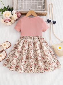 Emery Rose Kids Emery Rose Kids 女童拼布碎花圆领短袖休闲连衣裙 - 粉色 - 查看 5