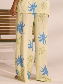 MUSERA 亚麻印花直筒裤，夏季度假波西米亚风，伊比沙岛风情，优雅海滩风，可爱迷人。海滩小屋假日休闲装。 - 黃色 - 查看 4