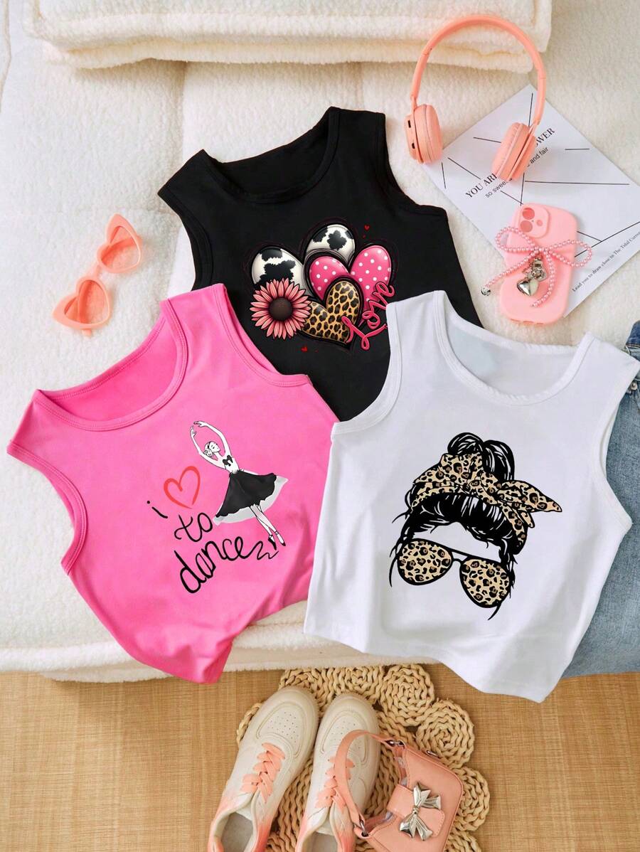 3pcs/Set Tween Girl Letter & Graphic Print Crew Neck Basic Camisole, School, Campus, College - White - View 1