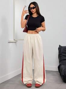 StreetHx Quần ống rộng thời trang cạp chun co giãn tương phản - Màu be - Xem 5