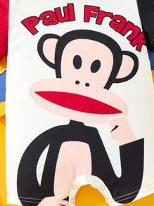 Paul Frank X SHEIN Tutina casual comoda per bambini maschietti, a maniche corte, con stampa di scimmiette
