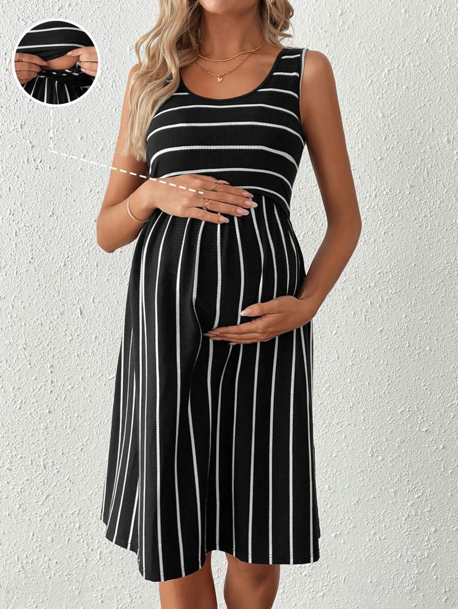 SHEIN Maternity Pregnancy Casual Striped Sleeveless Nursing Dress, Summer - Black and White - View 1