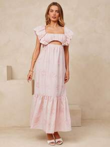 L'Amorae 优雅度假风荷叶边袖褶饰鸡心领镂空荷叶边长裙 - 粉色 - 查看 4