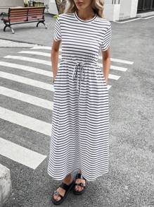 Siren Gaze 女士条纹圆领短袖抽绳腰部口袋休闲中长连衣裙 - 黑與白 - 查看 5