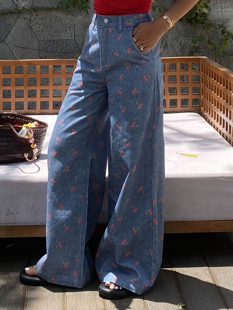 Women's Cherry Print Casual Loose Flare Leg Jeans Y2k