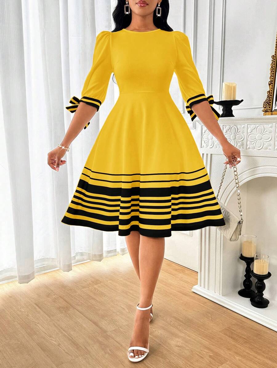 SHEIN Lady 白色条纹印花装饰连衣裙A级优雅女装 - 黃色 - 查看 1