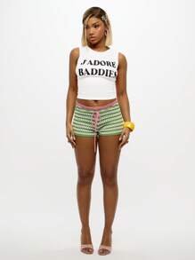 SUMWON WOMEN 无袖印花针织背心短款 T 恤时尚夏季别致个性文字图形印花无袖混纺 - 白色 - 查看 3