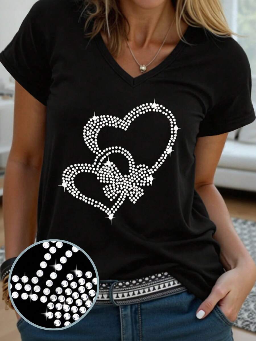 INAWLY Damen T-Shirt mit kurzen Ärmeln und rundem Ausschnitt, Lässig Oberteil, geeignet für den Sommer, Strass-Stil, mit Strass verziert, aktuell modisch, modische T-Shirt Oberteile, ästhetische T-Shirts, Geschenk für Geschwister, Geschenk für Schwester, Geschenk für Mutter, Muttertagsgeschenk