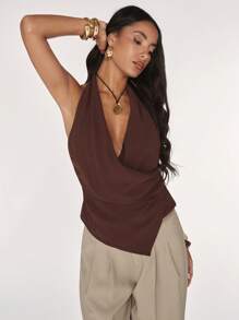 SHEIN BAE Women'S Sexy Solid Color Wrapped Backless Halter Top, Summer - Brown - View 3