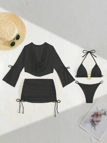 Swim SXY 4-Piece Set: Triangle Neck Bikini Top, Sheer Loose Long Sleeve Top, Drawstring Waist Short Skirt, Sexy And Elegant For Beach, Party & Resort For Summer Beach Vacation - Black - View 4