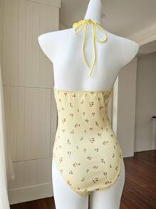 Comfortcana New Summer Beach Dress Vacation Outfits Butter Yellow Ditsy Floral Holiday Summer Bodysuit Seaside Beach