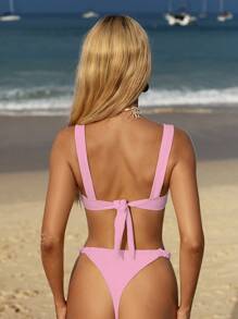 Swim Mod 女士夏季度假装，女士沙滩时尚休闲纯色细肩带泳衣两件套 - 粉色 - 查看 2