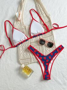 Swim Mod Sweet Strawberry Print Bikini Set, Spaghetti Strap Triangle Top & High Cut Bottom, Beach/Holiday Swimwear