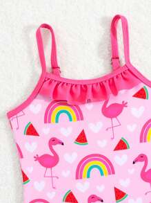 Baby Girl Cute Flamingo Print Ruffled One-Piece Swimsuit, Summer Beach Vacation - Hot Pink - View 5