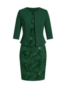 Ellevyn 2 Stücke/Set Damen Glitzer Party Kleid mit anliegender Kurzjacke