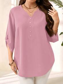 EMERY ROSE Plus Size Women's Purple Red 3/4 Sleeve Blouse, Early Spring - Pink - View 6