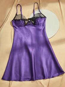 Charlaine ثوب نوم سبكاغيتي بتصميم بسيط من الدانتيل والرقعة، للنساء، لبس عادي يومي - الأرجواني - مشاهدة 1