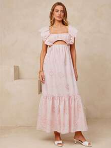 L'Amorae 优雅度假风荷叶边袖褶饰鸡心领镂空荷叶边长裙 - 粉色 - 查看 2