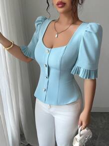 Elenzga Vestido curto feminino com decote em coração, abotoamento simples, bainha decorativa e plissado - Azul - Ver 6