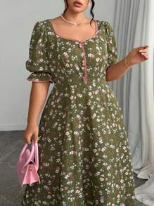 Modelyn Vestido de manga corta con cintura entallada con estampado tejido para mujer de talla grande - Verde - Ver 1