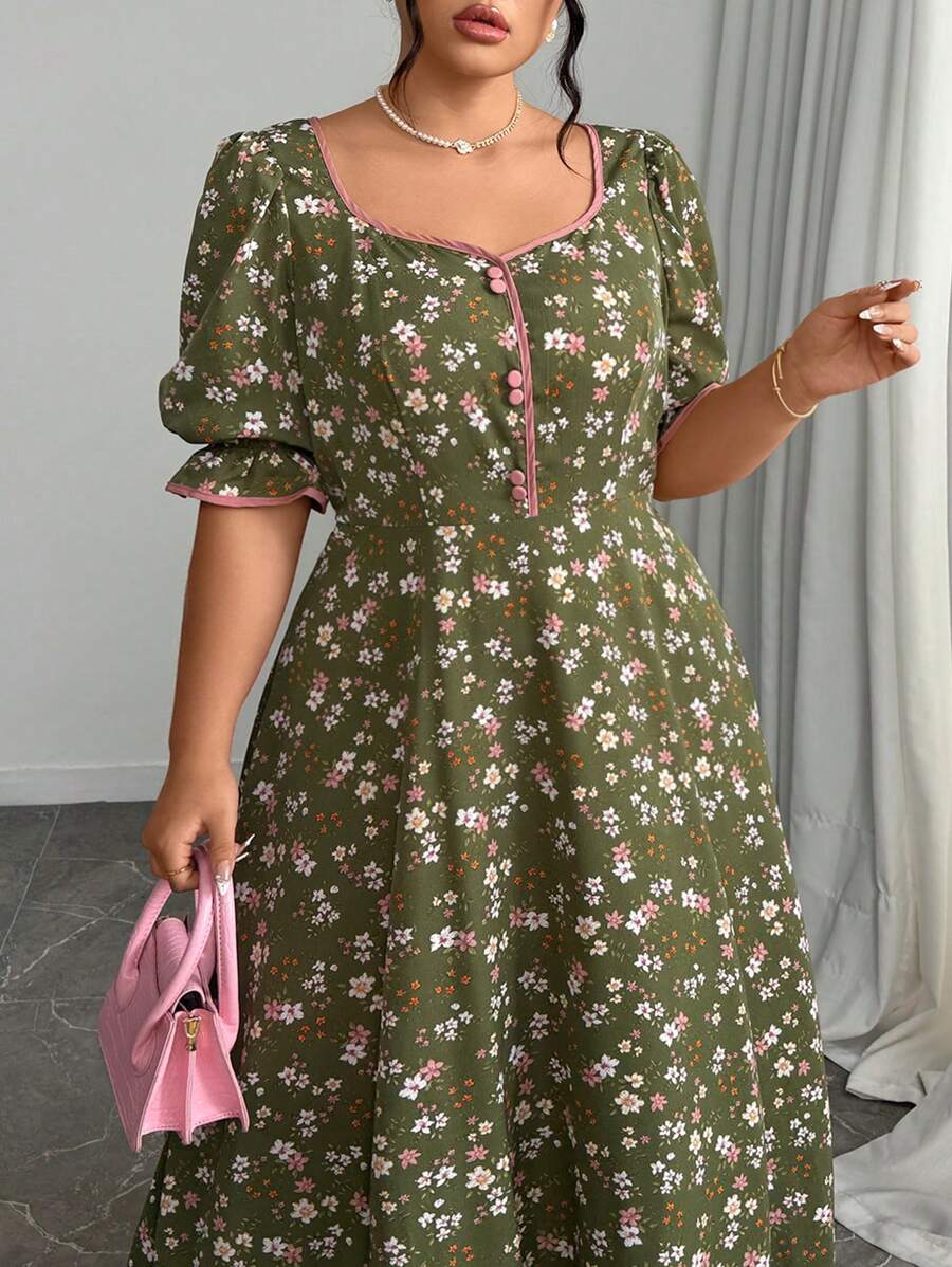 Modelyn Vestido de manga corta con cintura entallada con estampado tejido para mujer de talla grande - Verde - Ver 1