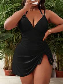 Slaydiva Women's Plus Size Pink Spaghetti Strap Ruffled Swim Dress, Slim Fit Fashion Summer Beach Vacation