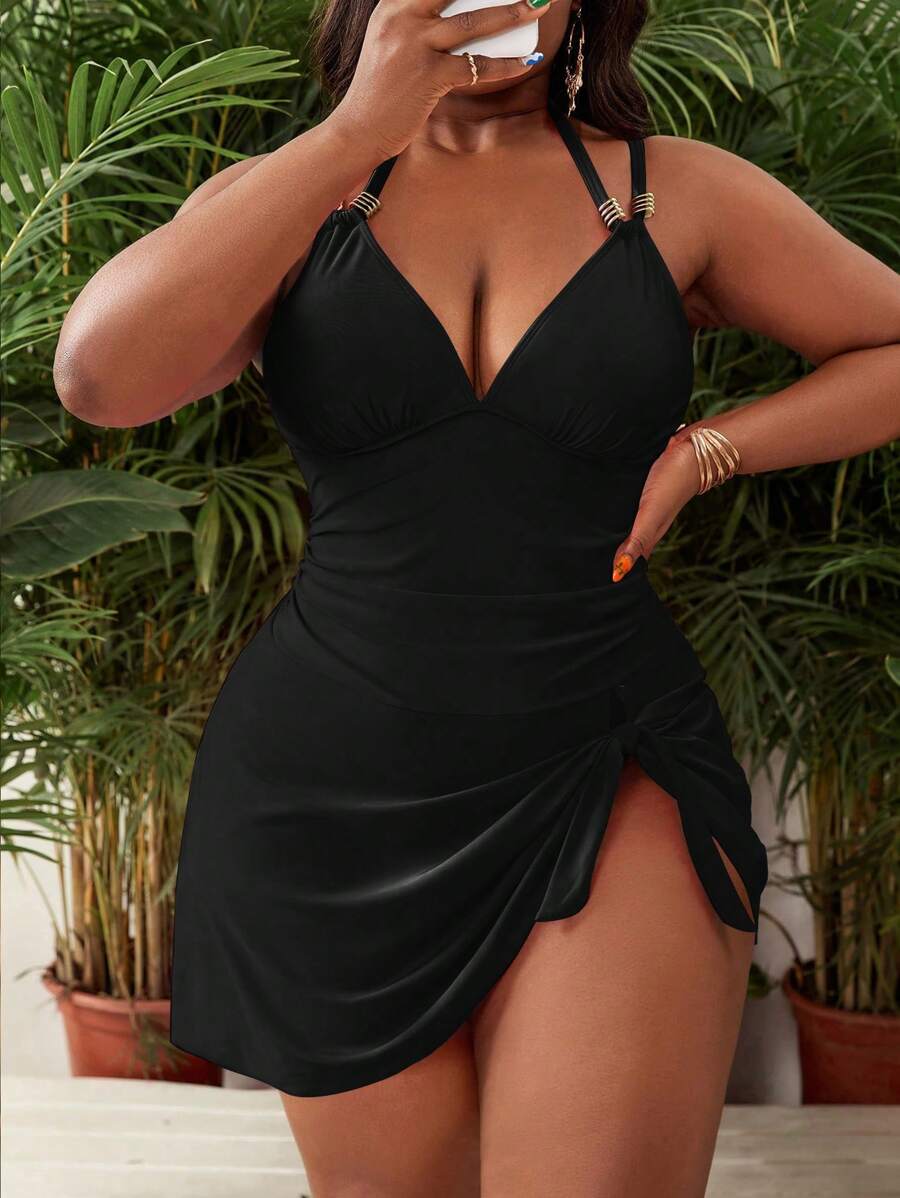 Slaydiva Women's Plus Size Pink Spaghetti Strap Ruffled Swim Dress, Slim Fit Fashion Summer Beach Vacation