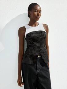 Maija 2025 Muttertags Moderne Stadt Frauen Ärmellose Schwarz & Weiß Kontrast 2-in-1 Rundhalsbluse, bequem für Frühling/Sommer Pendelverkehr, Vintage Stil