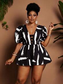 Maweii Große Größen V-Ausschnitt Puffärmel Bedrucktes elegantes Oberteil