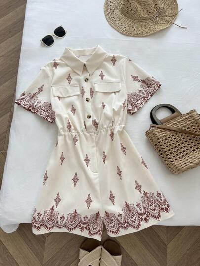 Flirla 大码女式休闲节日夏季图案印花纽扣半襟短袖连体裤