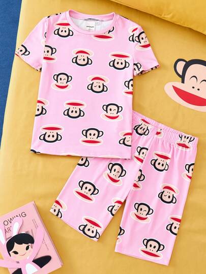 Paul Frank X SHEIN Tween Girls Söt Monkey Print kortärmad T-shirt och shorts Pyjamasset, bekvämt för sommaren