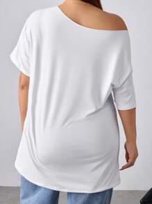 Flirla Plus Size Loose Asymmetrical Neck Bow Print Plus Size T-Shirt, For Summer - White - View 2