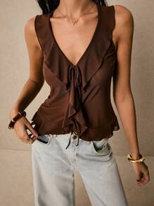 Poéselle Brown Ruffle V Neck Tie Front Sleeveless Top – Y2K Chic Mesh Blouse For Summer,Ruffle Top, V Neck Blouse, Tie Front Top, Brown Mesh Top,Summer Tops Women, Sleeveless Ruffle Top - Coffee Brown - View 3