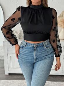Flirla Plus Size Women's Elegant Butterfly Embellished Mesh Backless Lantern Sleeve Blouse Fall Cloth For Women - Black - View 1