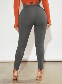 SHEIN SXY 素色下擺開叉緊身打底褲 - 深灰色 - 查看 2