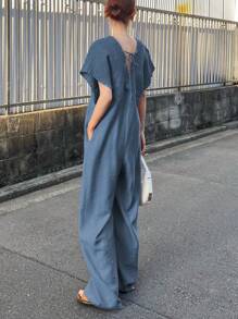 FRIFUL 女士V领系带连体裤，夏季女式连体裤 - 藍色 - 查看 6