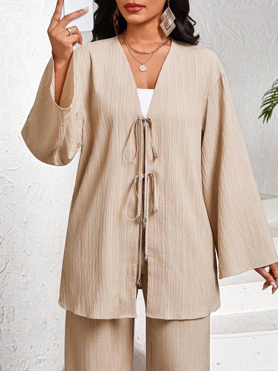SHEIN Lady Bộ 2 món áo dài tay buộc nơ phía trước cho nữ và quần dài, bộ đồ hai mảnh màu kaki trơn dành cho nữ - Màu Khaki - Xem 1