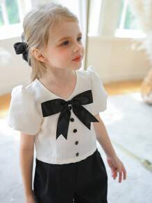 SHEIN Cardigan de cuello en V de manga abullonada y cintura alta de color albaricoque con gran moño y botones negros decorativos, blusa de manga corta de moda para niñas